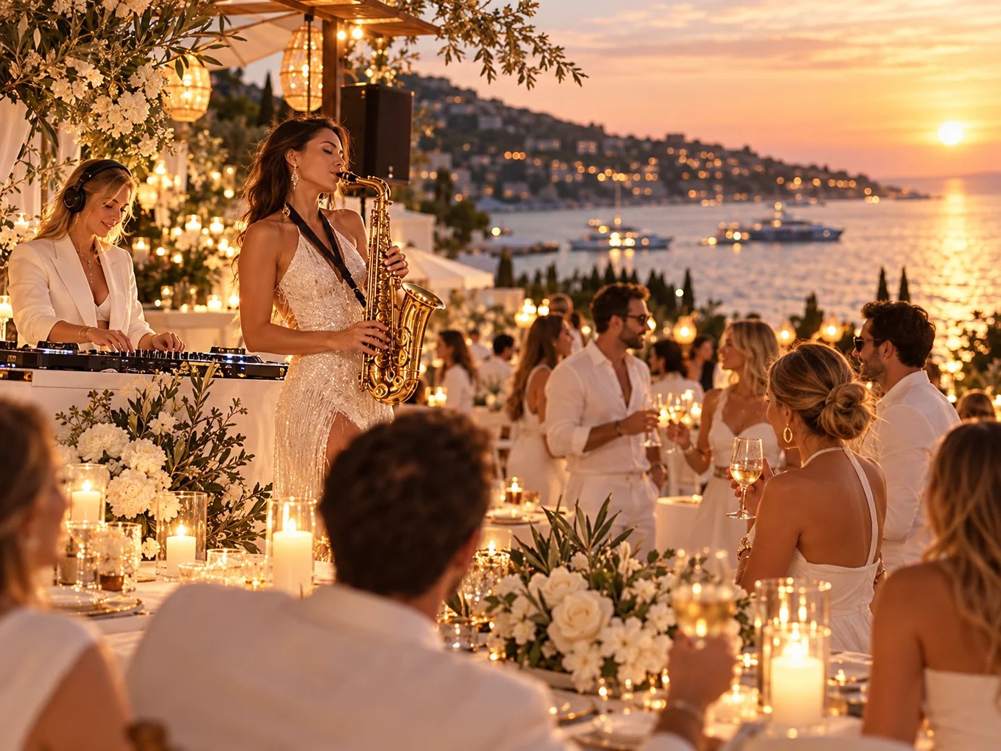 Illustration d’une DJ et d’une saxophoniste lors d’une soirée blanche face à la mer
