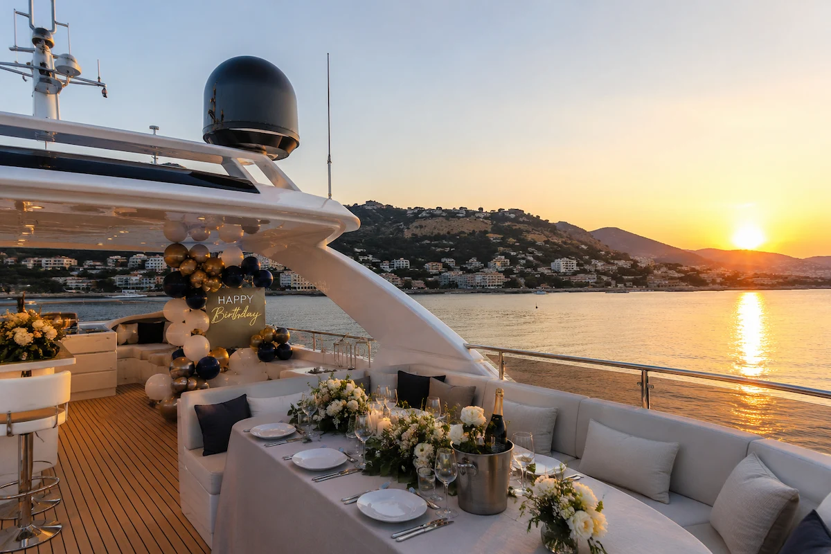 Table dressée et décoration d’anniversaire sur le pont d’un yacht au coucher du soleil