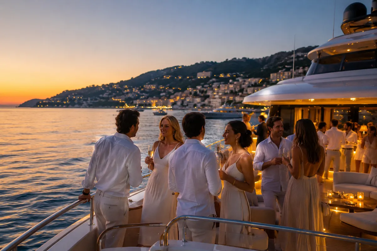 Soirée privée sur un yacht au coucher du soleil sur la Riviera