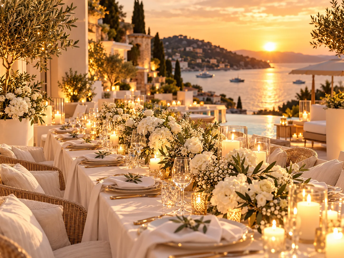 Illustration d'une table de réception blanche avec fleurs et bougies face à la mer au coucher du soleil